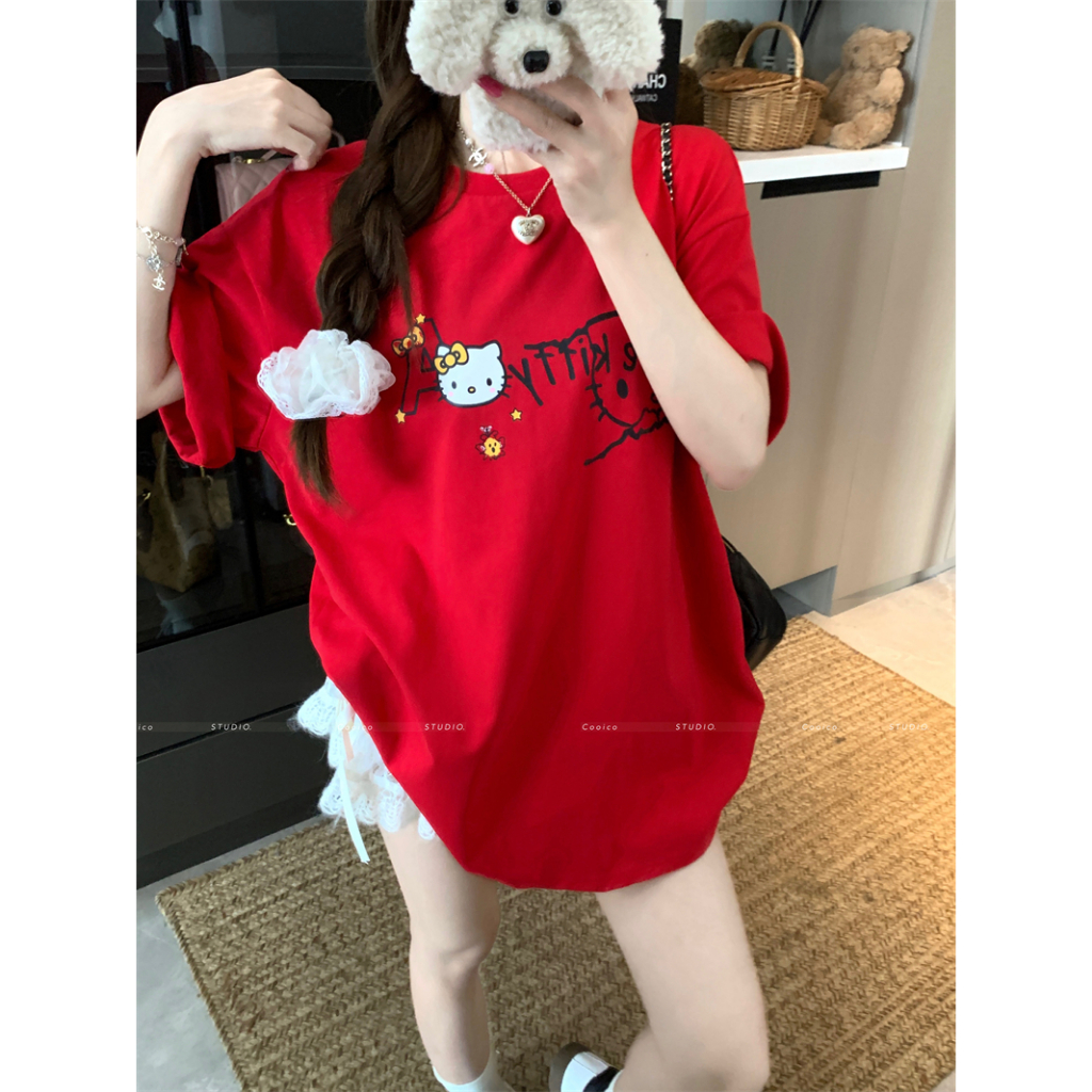 【Sinbounboun】Hanoi mùa hè phụ nữ lỏng lẻo vòng cổ giản dị màu đỏ kitty ngắn tay áo T-shirt | BigBuy360 - bigbuy360.vn