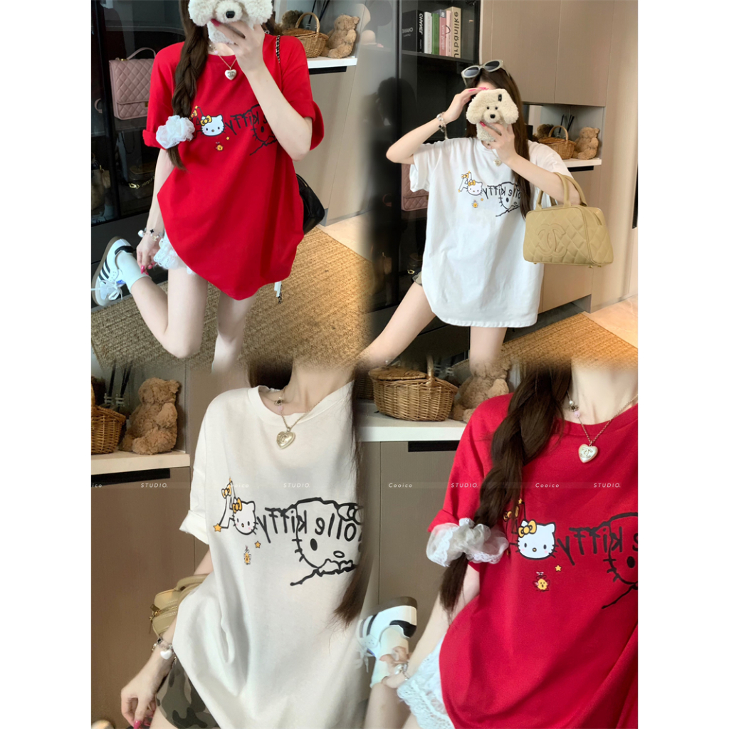 【Sinbounboun】Hanoi mùa hè phụ nữ lỏng lẻo vòng cổ giản dị màu đỏ kitty ngắn tay áo T-shirt | BigBuy360 - bigbuy360.vn