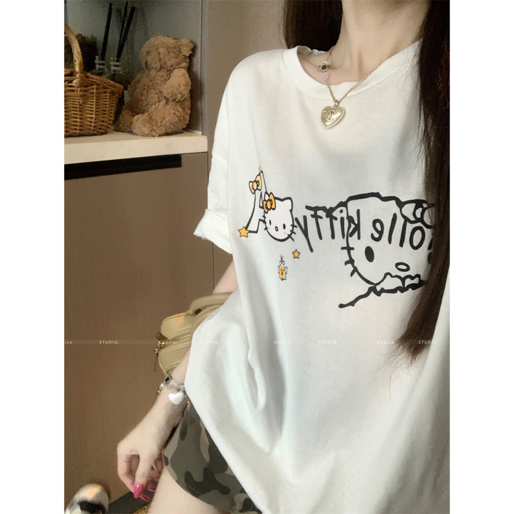【Sinbounboun】Hanoi mùa hè phụ nữ lỏng lẻo vòng cổ giản dị màu đỏ kitty ngắn tay áo T-shirt | BigBuy360 - bigbuy360.vn
