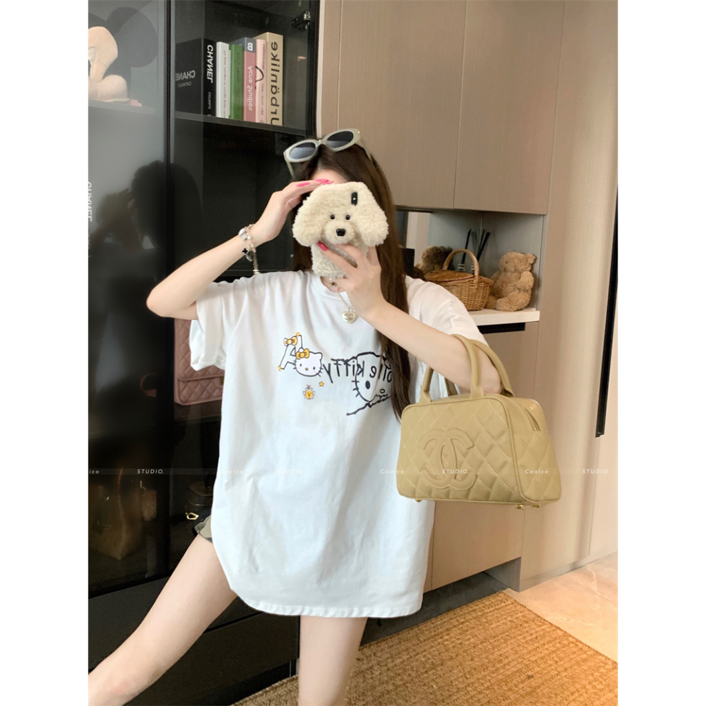【Sinbounboun】Hanoi mùa hè phụ nữ lỏng lẻo vòng cổ giản dị màu đỏ kitty ngắn tay áo T-shirt | BigBuy360 - bigbuy360.vn