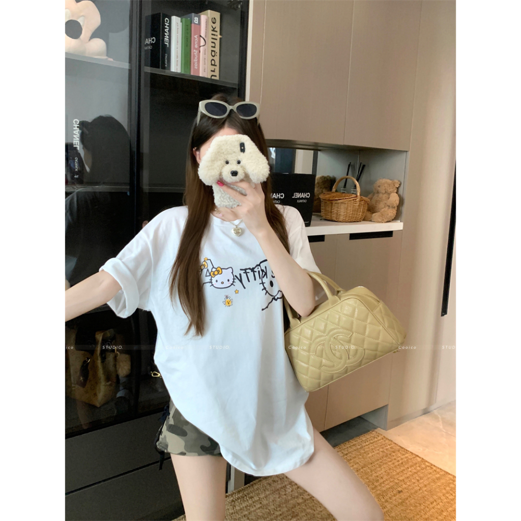 【Sinbounboun】Hanoi mùa hè phụ nữ lỏng lẻo vòng cổ giản dị màu đỏ kitty ngắn tay áo T-shirt | BigBuy360 - bigbuy360.vn