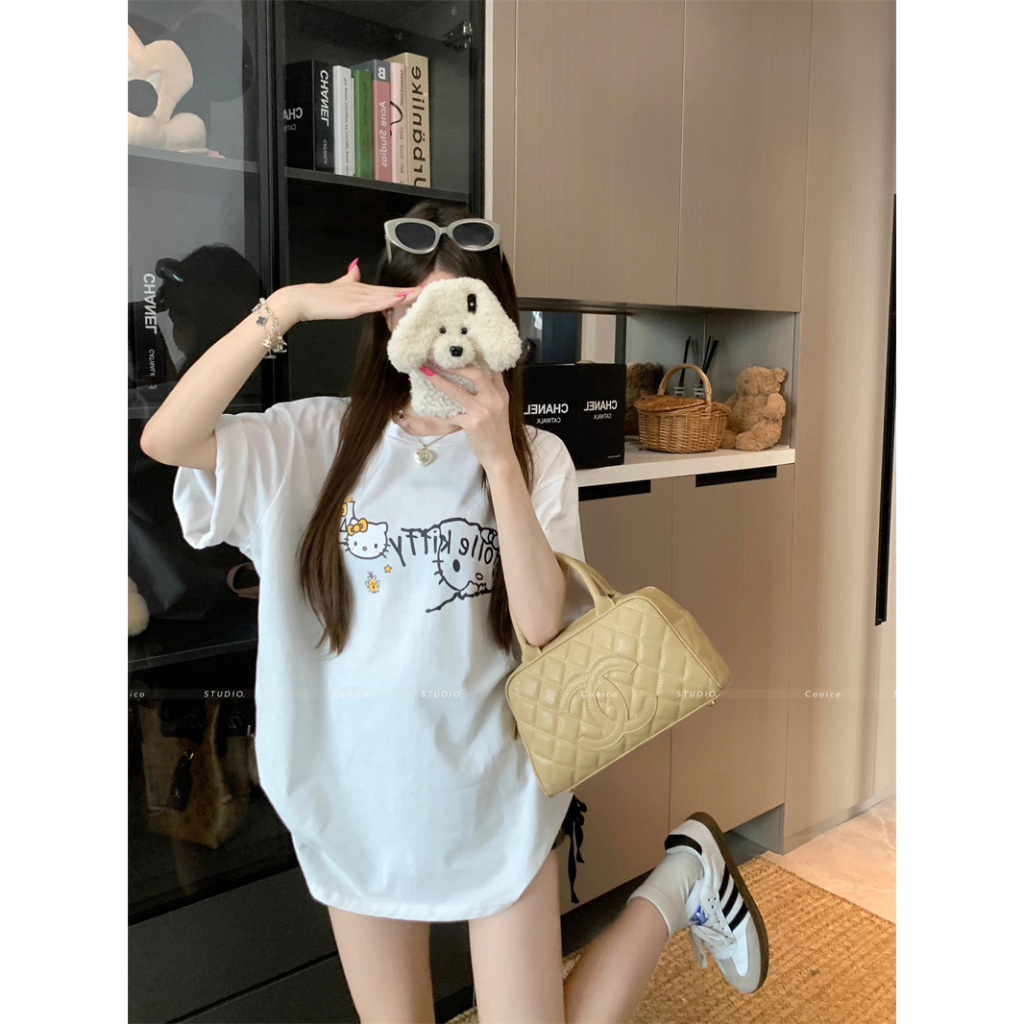 【Sinbounboun】Hanoi mùa hè phụ nữ lỏng lẻo vòng cổ giản dị màu đỏ kitty ngắn tay áo T-shirt | BigBuy360 - bigbuy360.vn