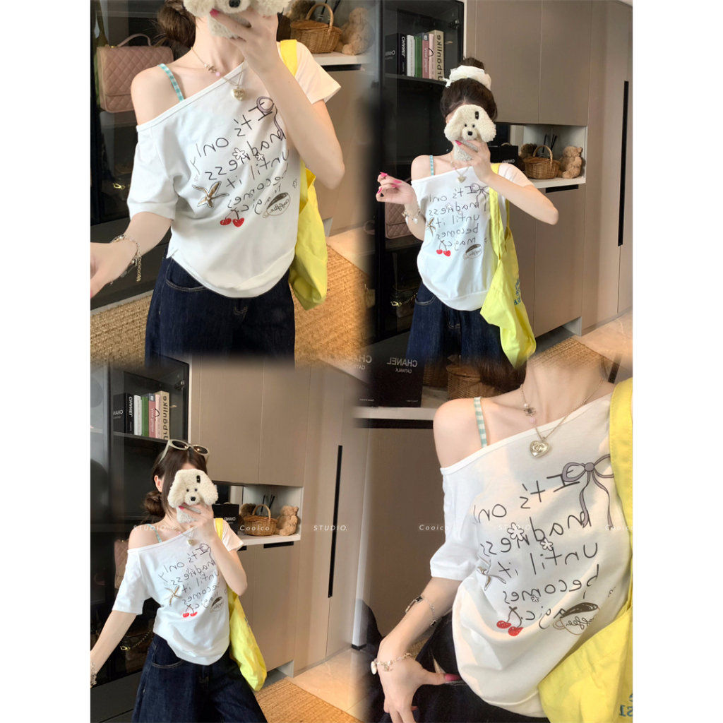 【Sinbounboun】Quần áo nữ mùa hè phong cách Hàn Quốc Slim-fit in chữ trắng chéo vai ngắn tay | BigBuy360 - bigbuy360.vn