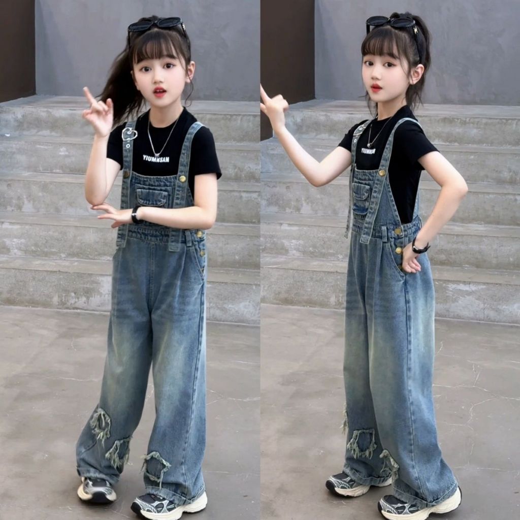 Bộ quần yếm denim cho bé gái mùa thu mới, áo hoodie kiểu Tây trẻ em, áo thun dài tay, quần yếm denim