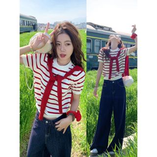 Áo len dệt kim ngắn tay sọc đỏ trắng phiên bản Hàn Quốc dành cho nữ mùa hè, thiết kế dáng rộng và giản dị, áo thun vai trước, hai mảnh