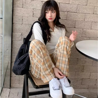 Quần dài lót lông cừu dày giữ ấm họa tiết kẻ sọc cổ điển thời trang mùa đông 2025 cho nữ