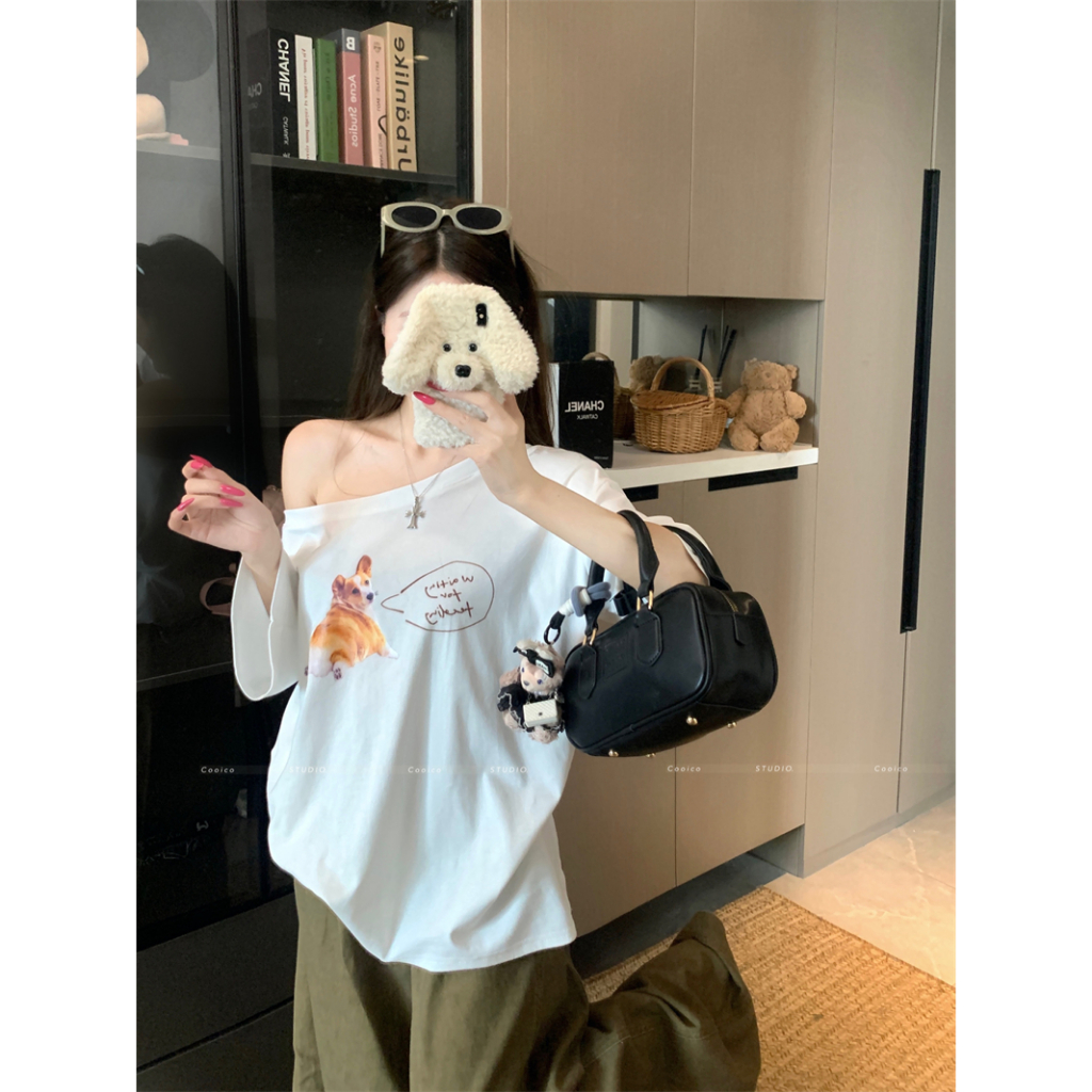 【Sinbounboun】Quần áo nữ mùa hè phong cách Hàn Quốc dáng rộng Áo thun ngắn tay in hình chó con màu xám giản dị | BigBuy360 - bigbuy360.vn