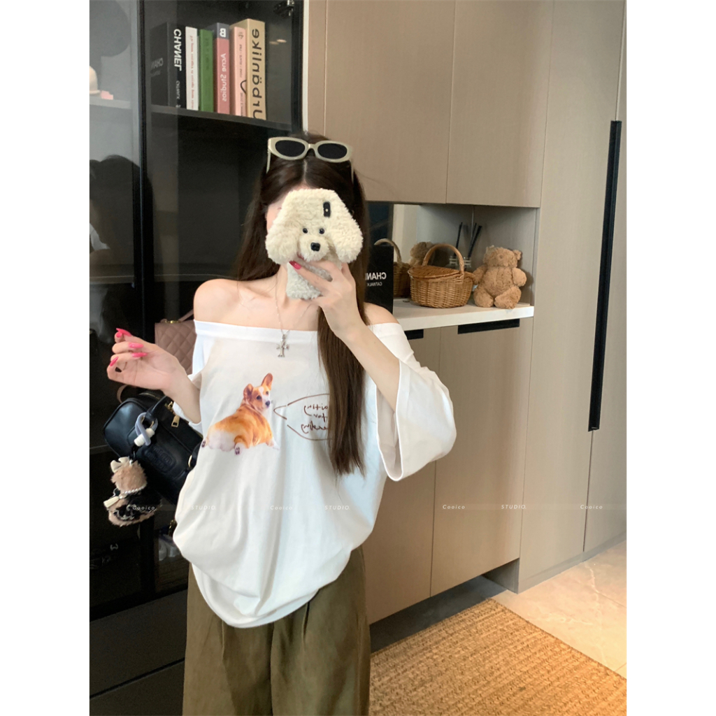 【Sinbounboun】Quần áo nữ mùa hè phong cách Hàn Quốc dáng rộng Áo thun ngắn tay in hình chó con màu xám giản dị | BigBuy360 - bigbuy360.vn