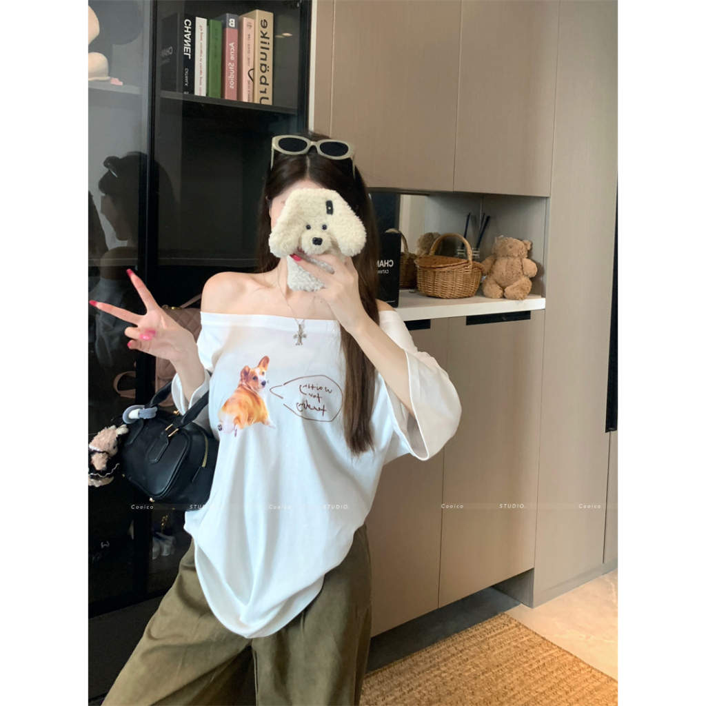 【Sinbounboun】Quần áo nữ mùa hè phong cách Hàn Quốc dáng rộng Áo thun ngắn tay in hình chó con màu xám giản dị | BigBuy360 - bigbuy360.vn