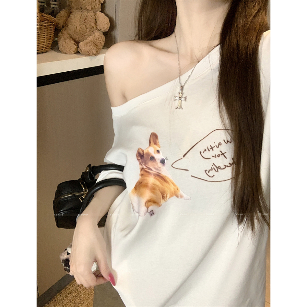 【Sinbounboun】Quần áo nữ mùa hè phong cách Hàn Quốc dáng rộng Áo thun ngắn tay in hình chó con màu xám giản dị | BigBuy360 - bigbuy360.vn