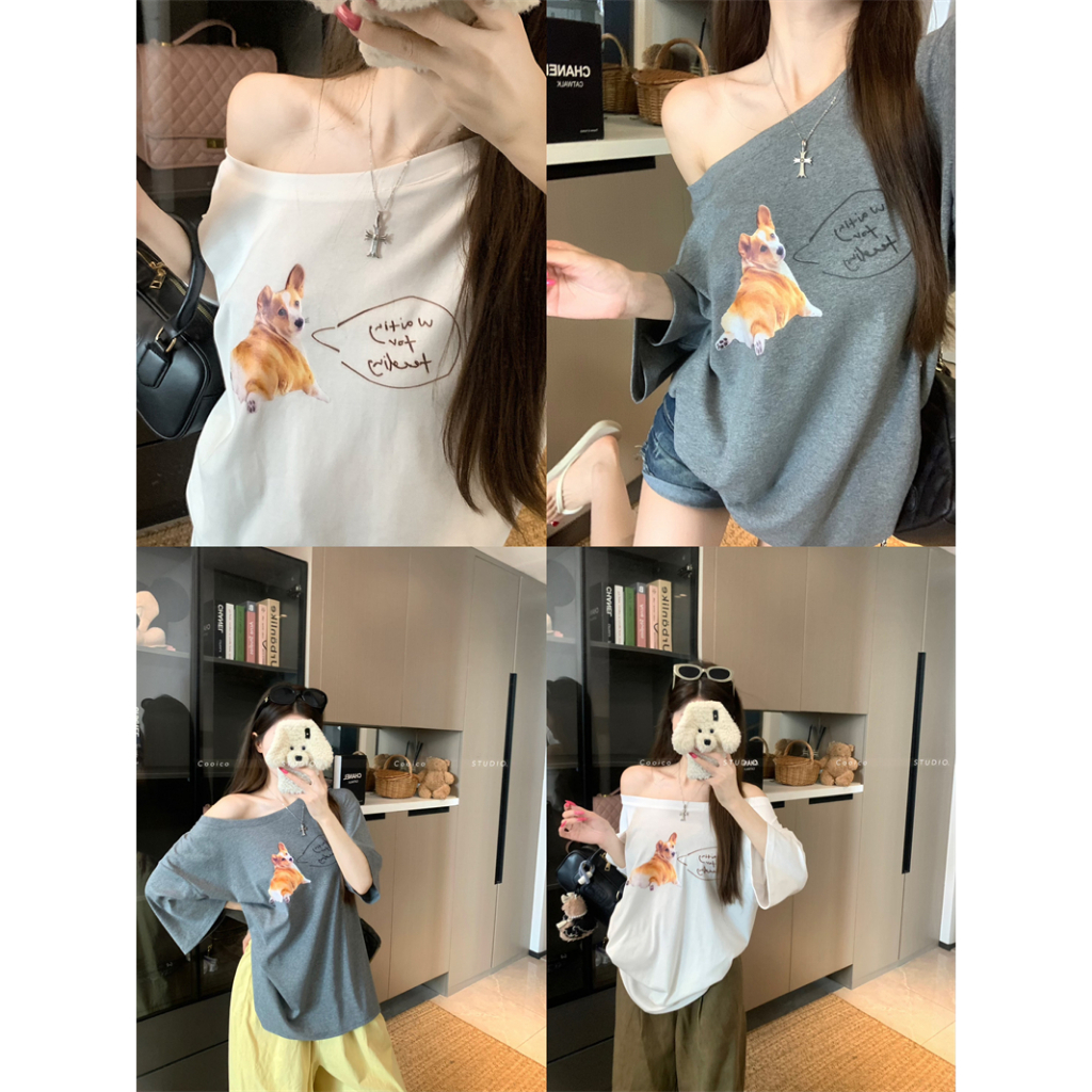 【Sinbounboun】Quần áo nữ mùa hè phong cách Hàn Quốc dáng rộng Áo thun ngắn tay in hình chó con màu xám giản dị | BigBuy360 - bigbuy360.vn
