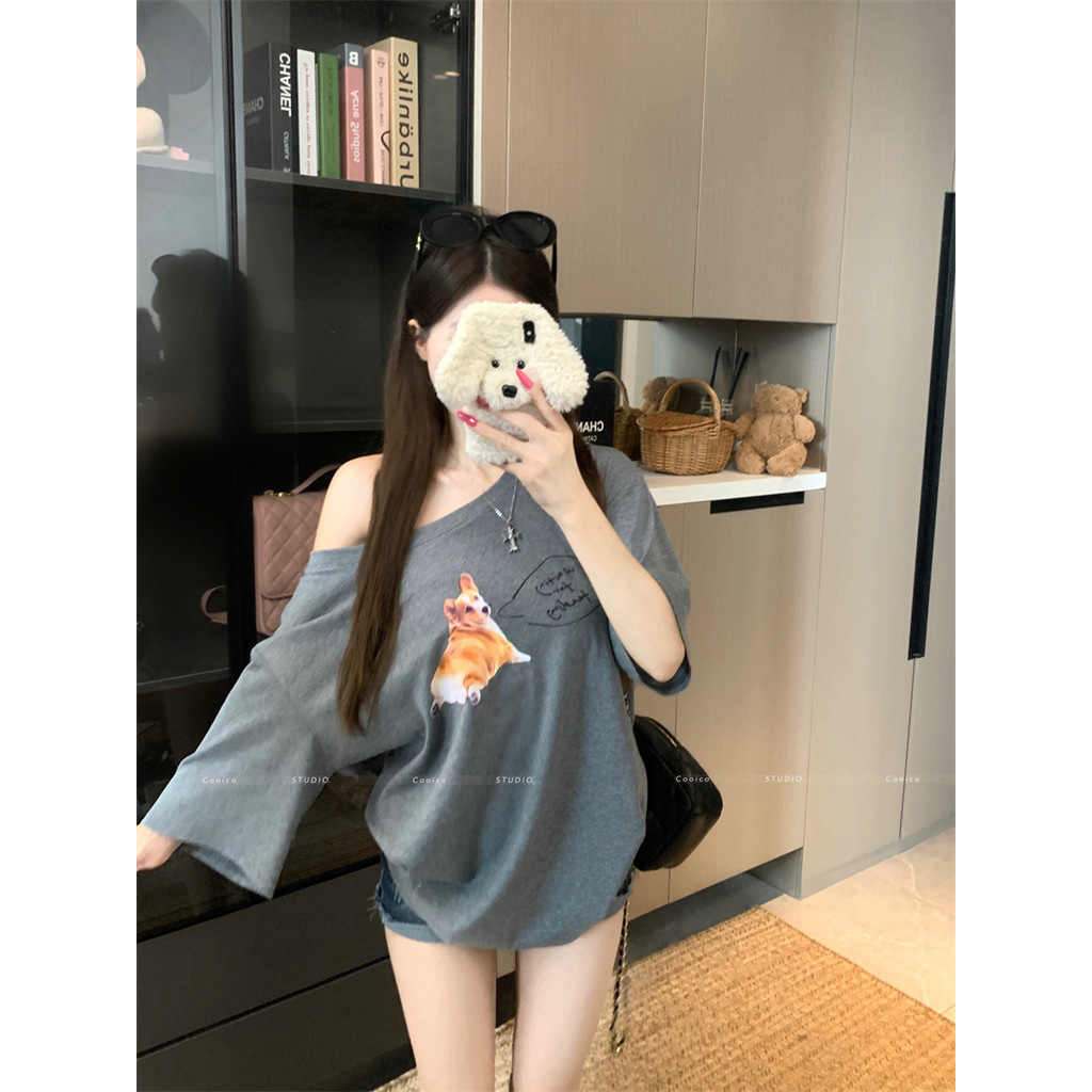 【Sinbounboun】Quần áo nữ mùa hè phong cách Hàn Quốc dáng rộng Áo thun ngắn tay in hình chó con màu xám giản dị