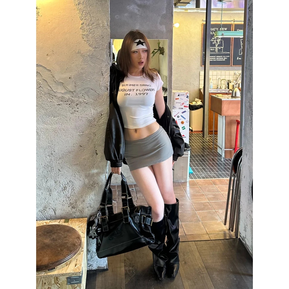 【Sinbounboun】Áo thun ngắn tay in chữ mùa hè Mỹ dành cho nữ eo hẹp màu trắng | BigBuy360 - bigbuy360.vn