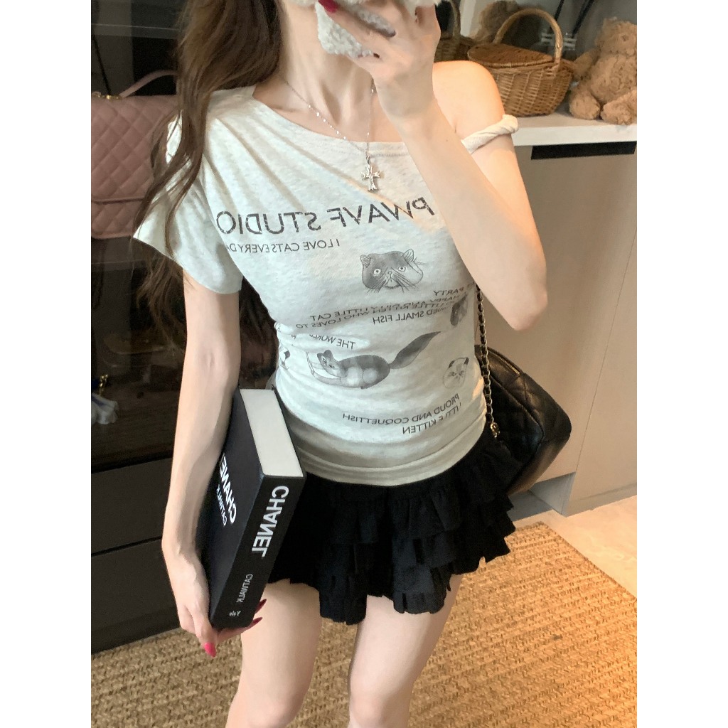 【Sinbounboun】Áo thun ngắn tay in hình mèo con màu xám mùa hè của Mỹ | BigBuy360 - bigbuy360.vn