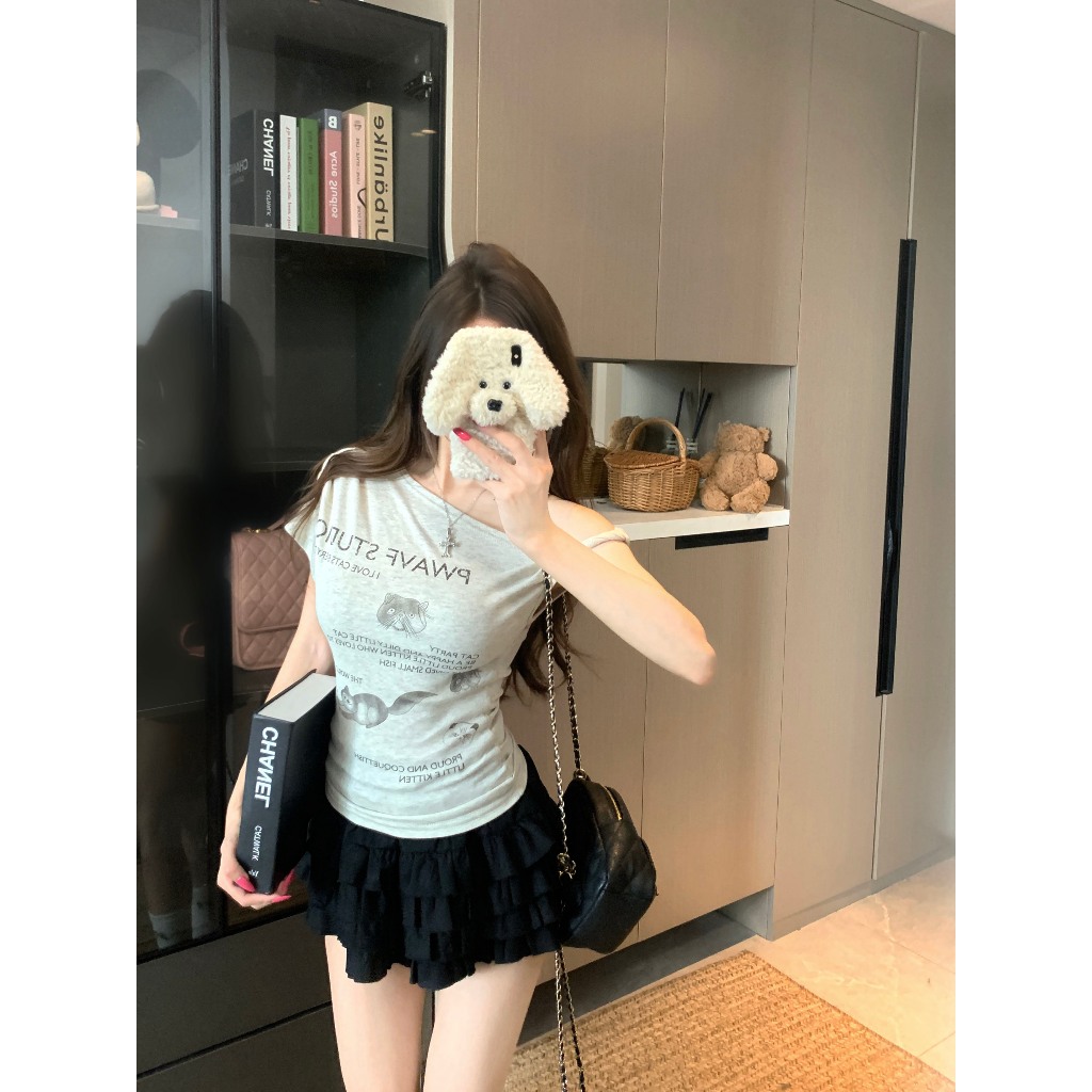 【Sinbounboun】Áo thun ngắn tay in hình mèo con màu xám mùa hè của Mỹ | BigBuy360 - bigbuy360.vn