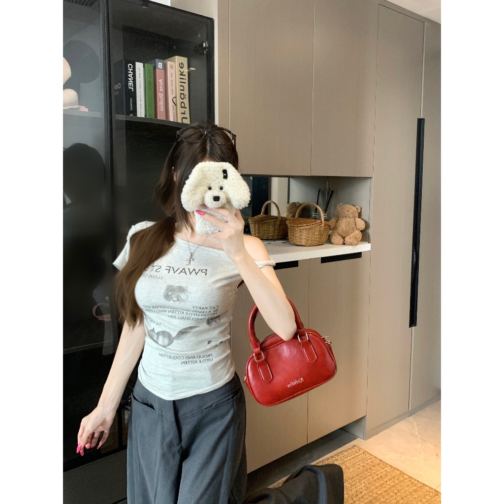 【Sinbounboun】Áo thun ngắn tay in hình mèo con màu xám mùa hè của Mỹ