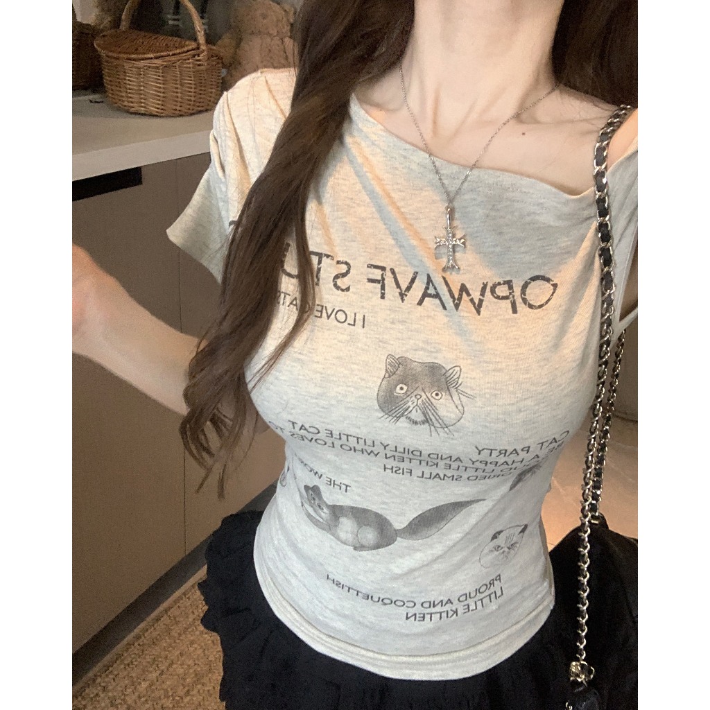 【Sinbounboun】Áo thun ngắn tay in hình mèo con màu xám mùa hè của Mỹ | BigBuy360 - bigbuy360.vn