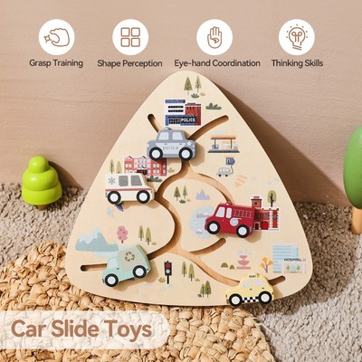 Ván trượt ô tô bằng gỗ Bảng mê cung 5 phương tiện vận chuyển Đồ chơi theo dõi giao thông thành phố Montessori Đồ chơi lập kế hoạch con đường vận động tinh Quà tặng giáo dục cho trẻ mới biết đi 1-3 tuổi