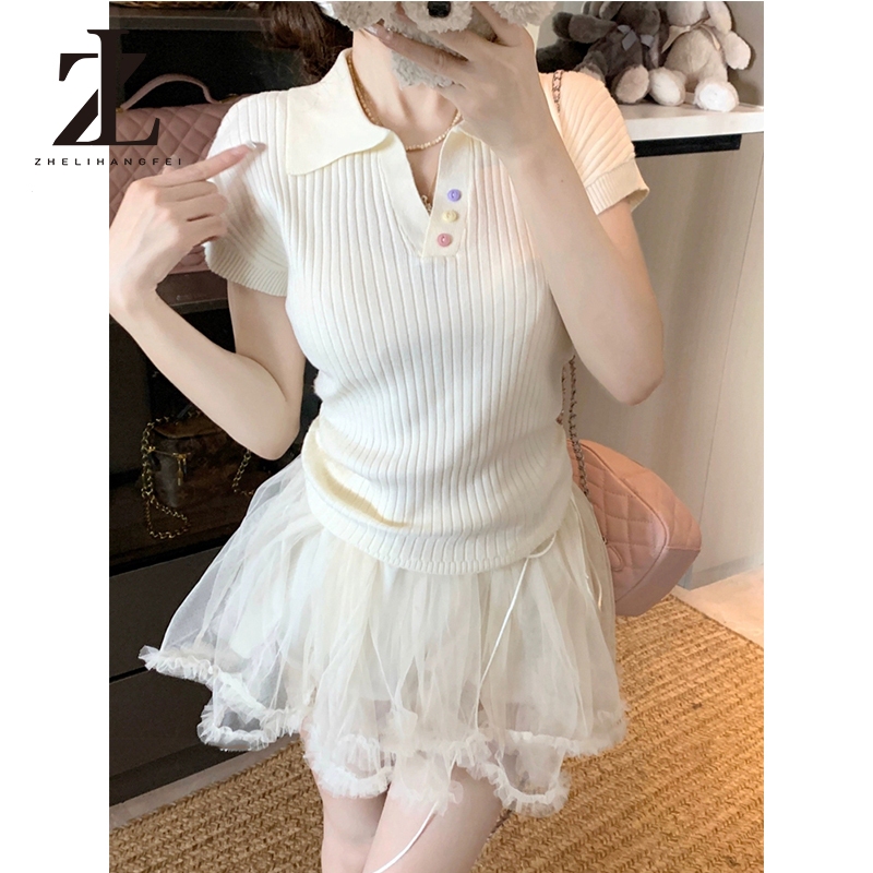 ZHELIHANGFEI Polo Cổ Áo Cầu Vồng Nút Vai Chính Hãng Tay Ngắn Ôm Cao Cấp Áo Len Top | BigBuy360 - bigbuy360.vn