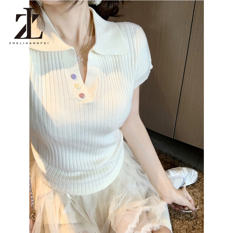 ZHELIHANGFEI Polo Cổ Áo Cầu Vồng Nút Vai Chính Hãng Tay Ngắn Ôm Cao Cấp Áo Len Top | BigBuy360 - bigbuy360.vn