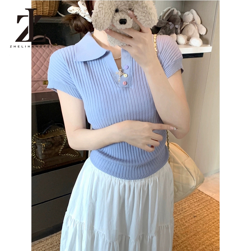ZHELIHANGFEI Polo Cổ Áo Cầu Vồng Nút Vai Chính Hãng Tay Ngắn Ôm Cao Cấp Áo Len Top | BigBuy360 - bigbuy360.vn