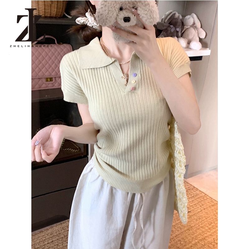 ZHELIHANGFEI Polo Cổ Áo Cầu Vồng Nút Vai Chính Hãng Tay Ngắn Ôm Cao Cấp Áo Len Top | BigBuy360 - bigbuy360.vn