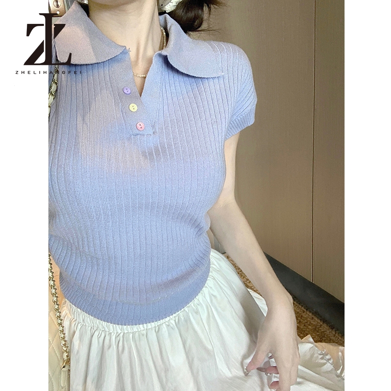 ZHELIHANGFEI Polo Cổ Áo Cầu Vồng Nút Vai Chính Hãng Tay Ngắn Ôm Cao Cấp Áo Len Top | BigBuy360 - bigbuy360.vn