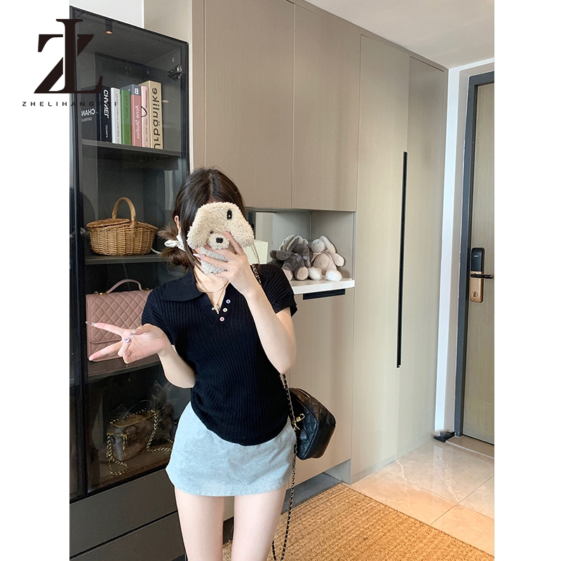 ZHELIHANGFEI Polo Cổ Áo Cầu Vồng Nút Vai Chính Hãng Tay Ngắn Ôm Cao Cấp Áo Len Top | BigBuy360 - bigbuy360.vn