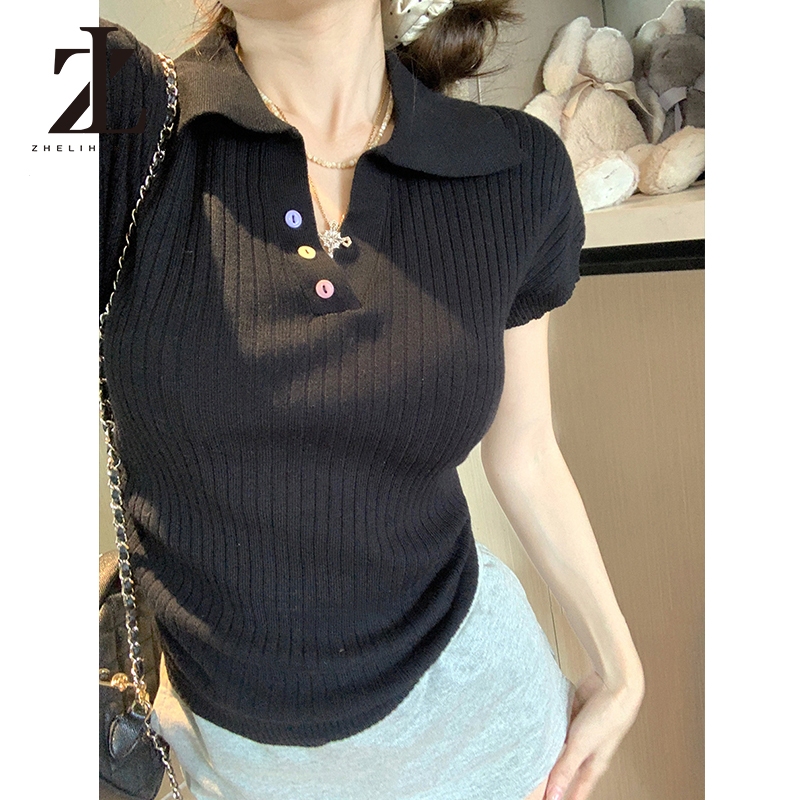 ZHELIHANGFEI Polo Cổ Áo Cầu Vồng Nút Vai Chính Hãng Tay Ngắn Ôm Cao Cấp Áo Len Top | BigBuy360 - bigbuy360.vn
