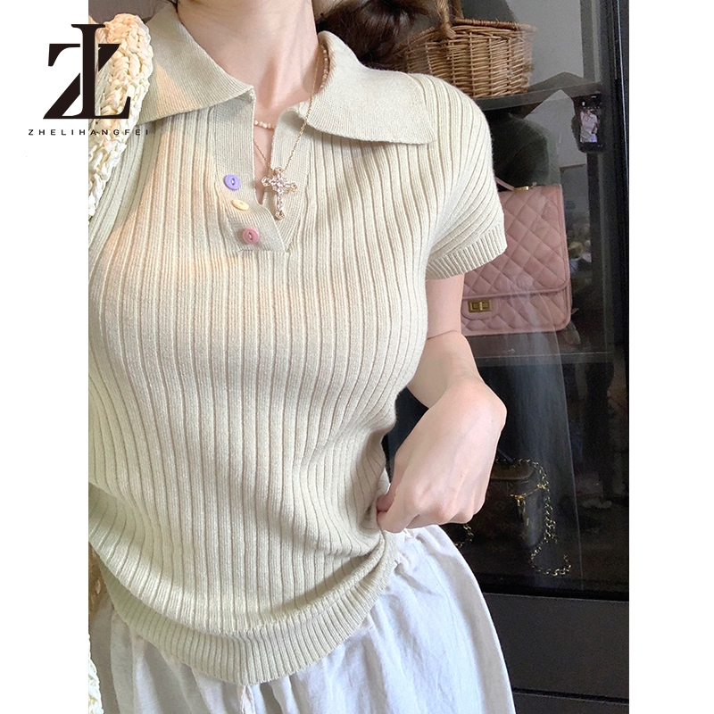 ZHELIHANGFEI Polo Cổ Áo Cầu Vồng Nút Vai Chính Hãng Tay Ngắn Ôm Cao Cấp Áo Len Top | BigBuy360 - bigbuy360.vn