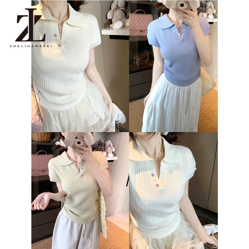 ZHELIHANGFEI Polo Cổ Áo Cầu Vồng Nút Vai Chính Hãng Tay Ngắn Ôm Cao Cấp Áo Len Top | BigBuy360 - bigbuy360.vn