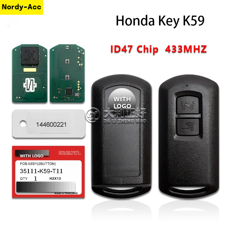 Chìa Khóa Xe Máy Honda K1F K2F K12 35111-K59 K66 2 Nút 433 MHz ID47 Chip Thẻ Điều Khiển Từ Xa Thông 