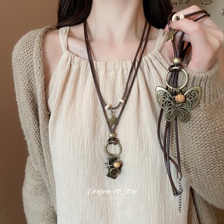 DREJEW Dây sáp, hạt gỗ, vòng cổ mặt dây chuyền bướm, khí chất cổ điển Trung Quốc mới, dây chuyền xương đòn, trang trí vòng cổ cao cấp nhẹ nhàng sang trọng