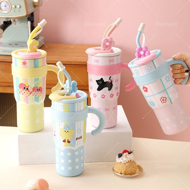 Ly giữ nhiệt  kiểu dáng mới cốc giữ nhiệt 700ml/1200ml dung tích lớn kèm ống hút nút chặn bụi hoa qu