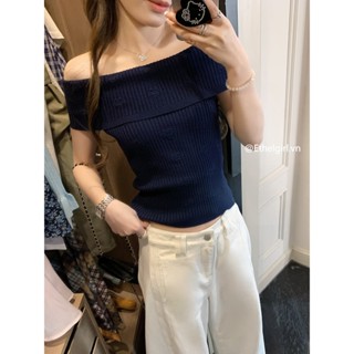 Ethelgirl phiên bản Hàn Quốc của áo thun ngắn tay dệt kim lệch vai đơn giản dành cho nữ