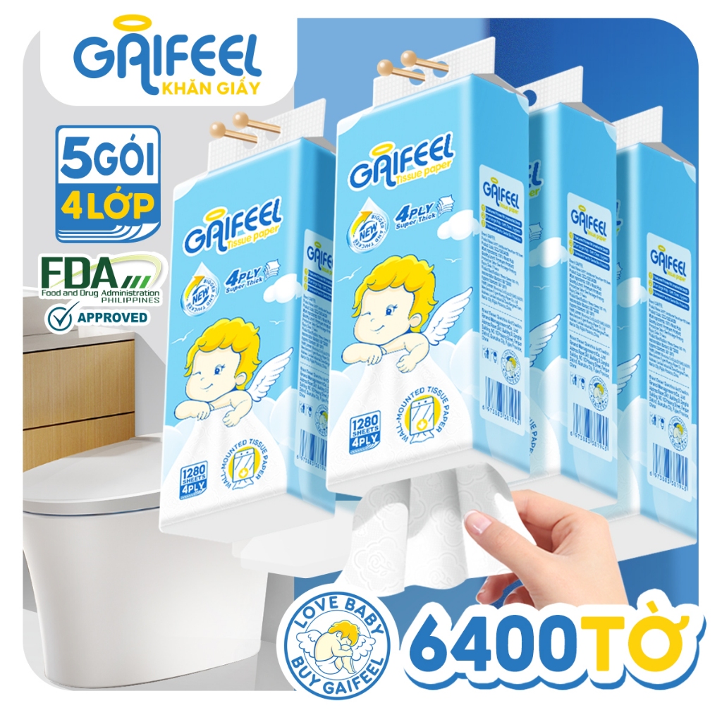 GAIFEEL 5 Gói Khăn Giấy Dây Rút Treo Tường Giấy Vệ Sinh Gia Đình Khăn Ăn 6400 Tờ 4 Lớp