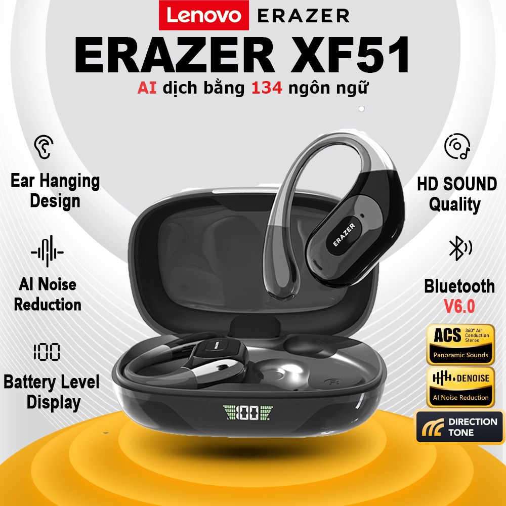 Lenovo ERAZER XF51 AI tai nghe phiên dịch V6.0 Tai nghe Bluetooth Khử ồn thông minh Cuộc gọi HD Âm nhạc Thời trang Tai nghe thể thao IP55 Chống nước chống mồ hôi