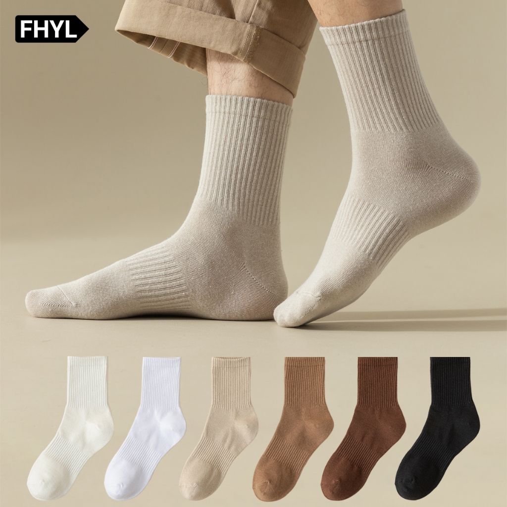 【Hà Nội】FHYL 3/6 Đôi Vớ Cotton Cổ Vừa Màu Trơn Khử Mùi Bốn Chiều Đơn Giản Phong Cách Hàn Quốc Mới Cho Nam