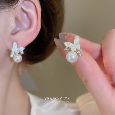 DREJEW 925Silver kim dát kim cương nhỏ giọt bông tai ngọc trai bướm thời trang đa năng bông tai nhẹ sang trọng cao cấp