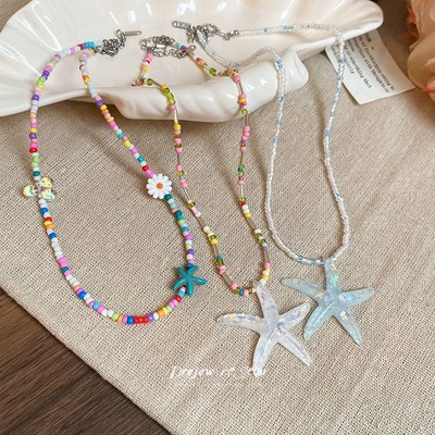 DREJEW Vòng cổ hoa sao biển đầy màu sắc tươi và ngọt ngào xếp chồng lên nhau xương đòn chuỗi bên bờ biển kỳ nghỉ phong cách trang trí vòng cổ
