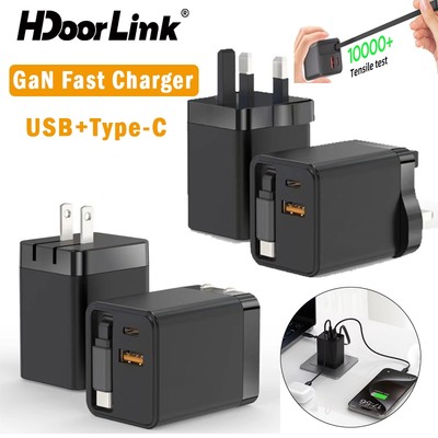 HdoorLink PD40W Cáp Có Thể Thu Vào Sạc Nhanh US UK Cắm GaN Sạc Nhanh Với Cáp Loại C Cổng USB Cho Điện Thoại Laptop