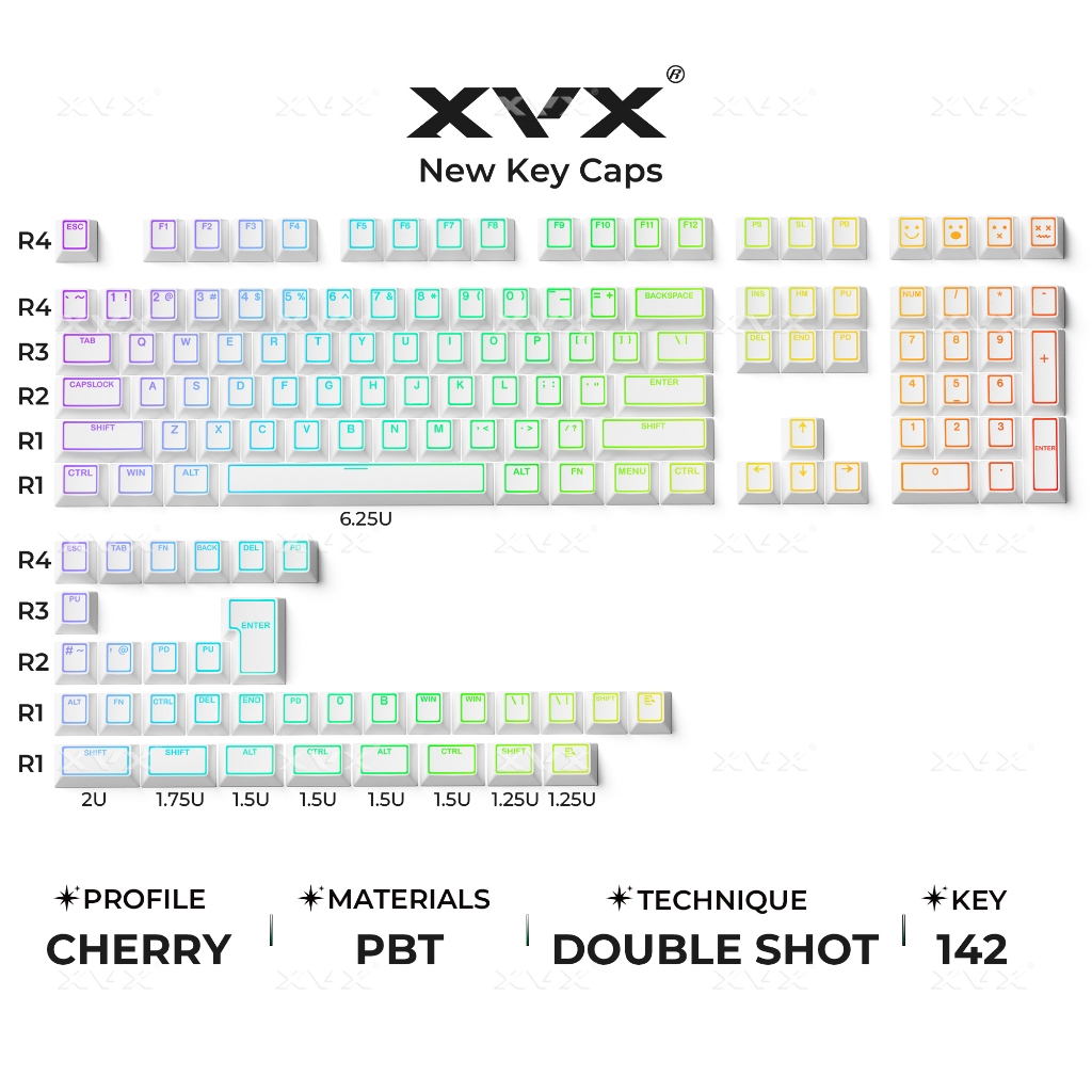 XVX PRISM Keycap Shine-Through Double shot Cherry Profile Đen / Trắng PBT Keycap Set 142 phím