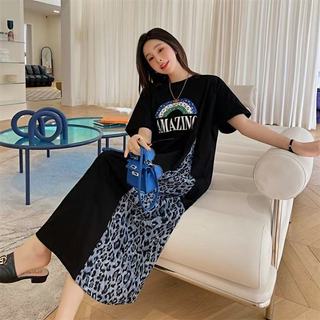 [Plus Size] (40-150kg) Đầm Dáng Rộng Tay Ngắn Hoạ Tiết Da Báo