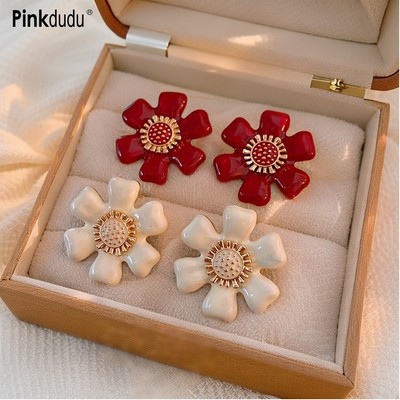 Pinkdudu Đỏ Nhỏ Giọt Dầu Bông Tai Hoa 2025 MỚI Vintage Hợp Kim Kẽm Bông Tai Bông Tai Bông Tai Trang Sức PD2224