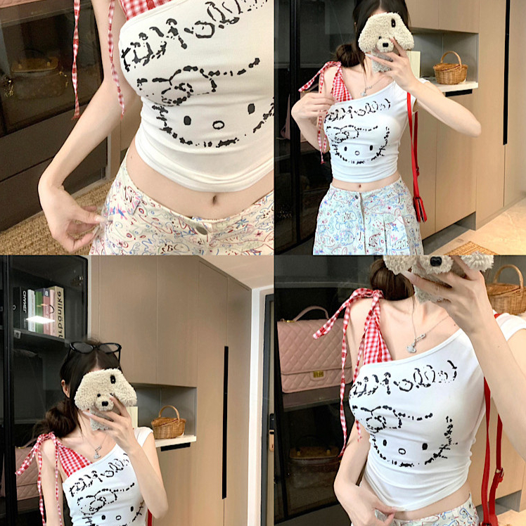 YIBEIKA Kitty kitty kitty Slanted Vai Áo Thun Nữ Mùa Hè Ngọt Cay Ngắn Top