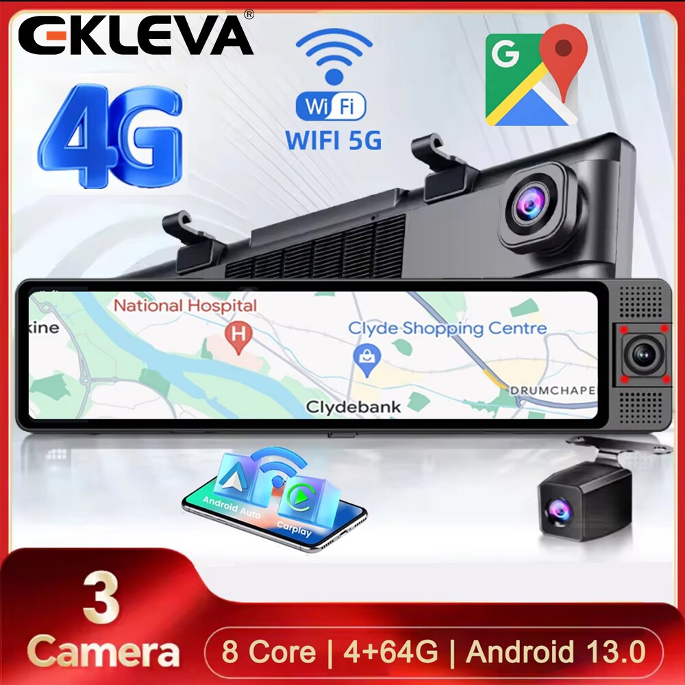 EKLEVA 12 "Android 13 DVR ô tô 4G 8 Core 4GB + 64GB 1080P ADAS WiFi Dash Cam GPS FM BT DashCam Gương
