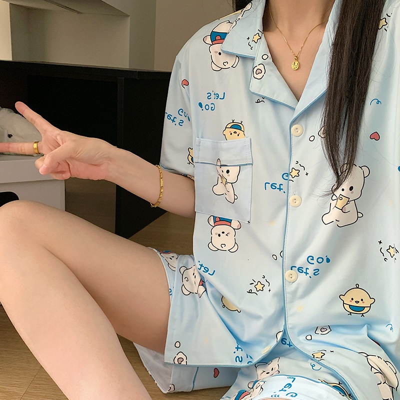 Bộ Đồ Ngủ Tay Ngắn Mùa Hè Nữ Dễ Thương Đơn Giản Mặc Ở Nhà