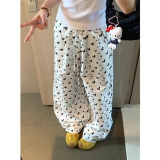  Quần âu in hình chó hoạt hình cổ điển kiểu Mỹ dành cho nữ mùa hè eo cao và thon gọn quần ống thẳng đa năng có cảm giác treo và chân rộng 