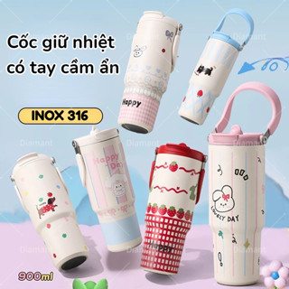 cốc giữ nhiệt cốc nước ống hút hoạt hình dễ thương có ống hút cách nhiệt và tay cầm tiện lợi ly giữ nhiệt 900ml