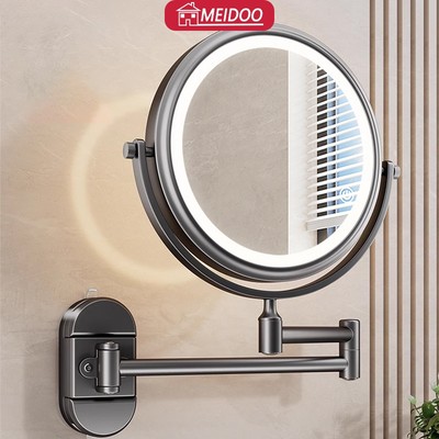 MEIDOO Đếhút có thể gập lại gương nhà tắm,Kiểu treo tường gương, gương trang điểm độ nét cao kèm đèn
